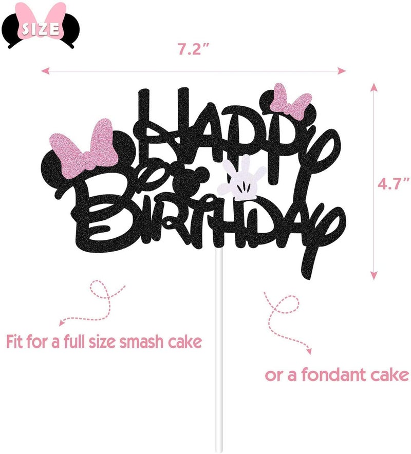 BOGZON Black Glitter Minnie Inspired Happy Birthday Cake Topper with Pink Bows and White Gloves Girls Birthday Party Decorations Supplies - Image 4